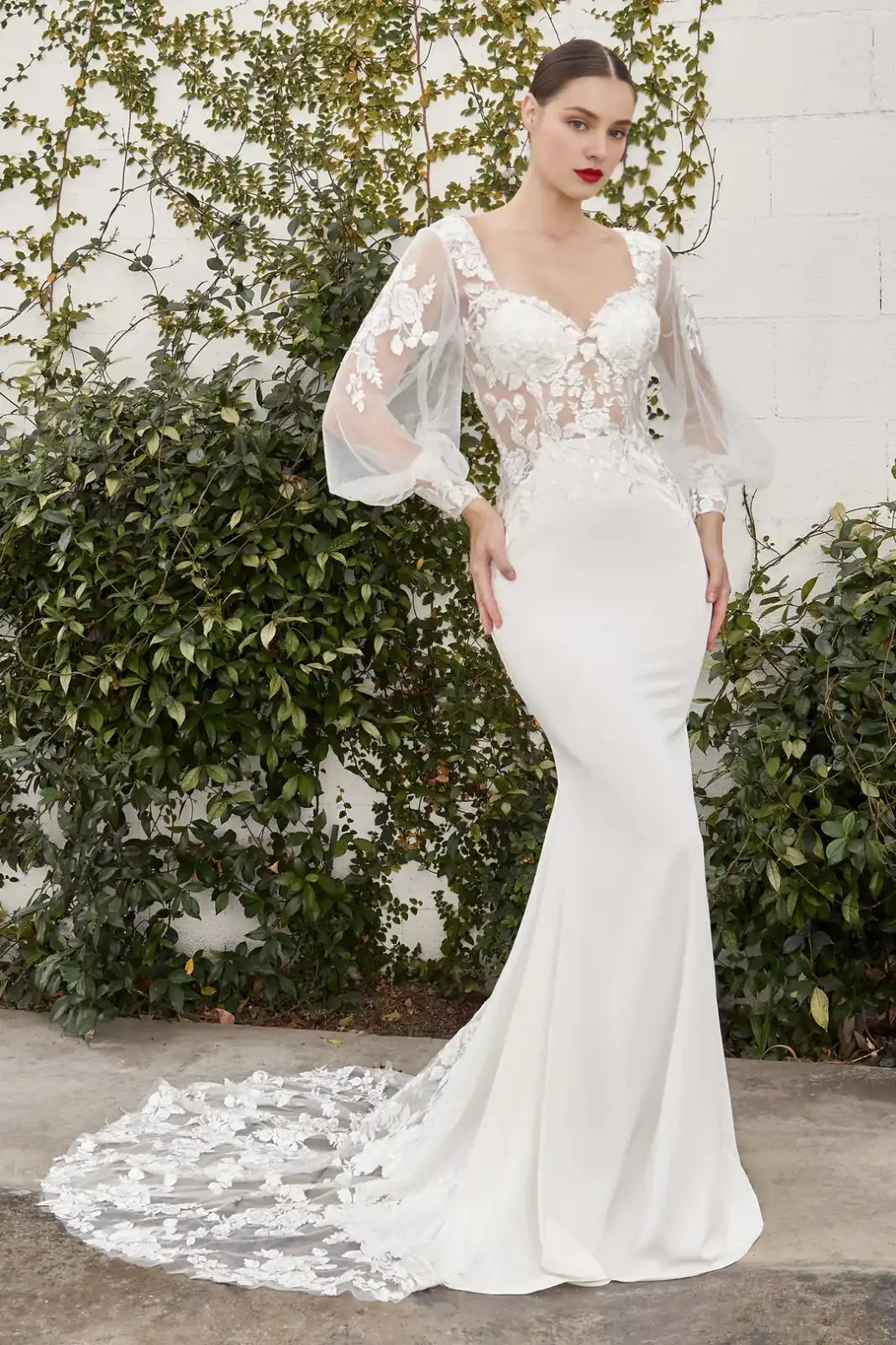 Elegant Mermaid Square Neck Long Puff Sleeves Ivory Wedding Dresses Bridal Gown