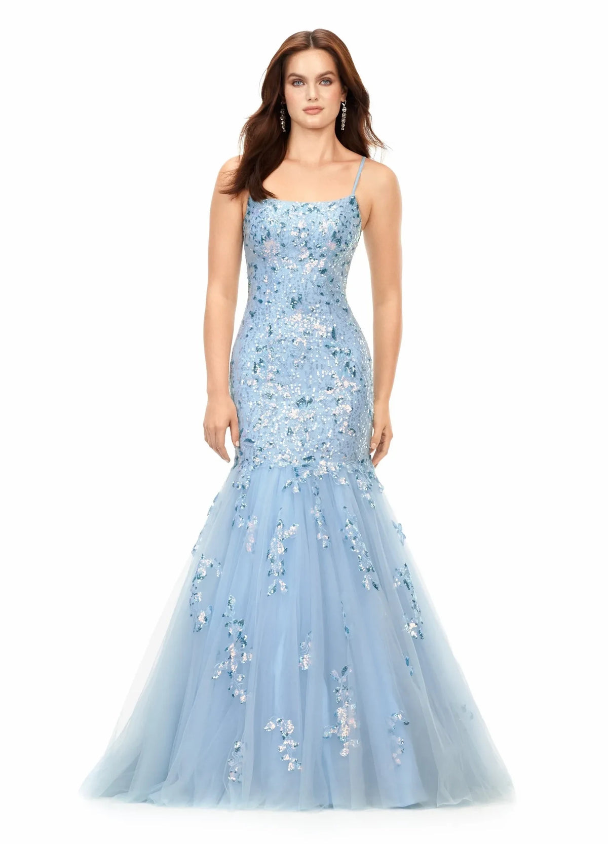 Elegant Mermaid Square Neck Sleeveless Sequin Applique Sky Blue Floor-Length Evening Gown