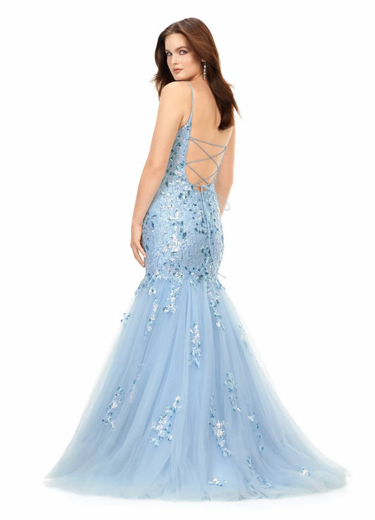 Elegant Mermaid Square Neck Sleeveless Sequin Applique Sky Blue Floor-Length Evening Gown