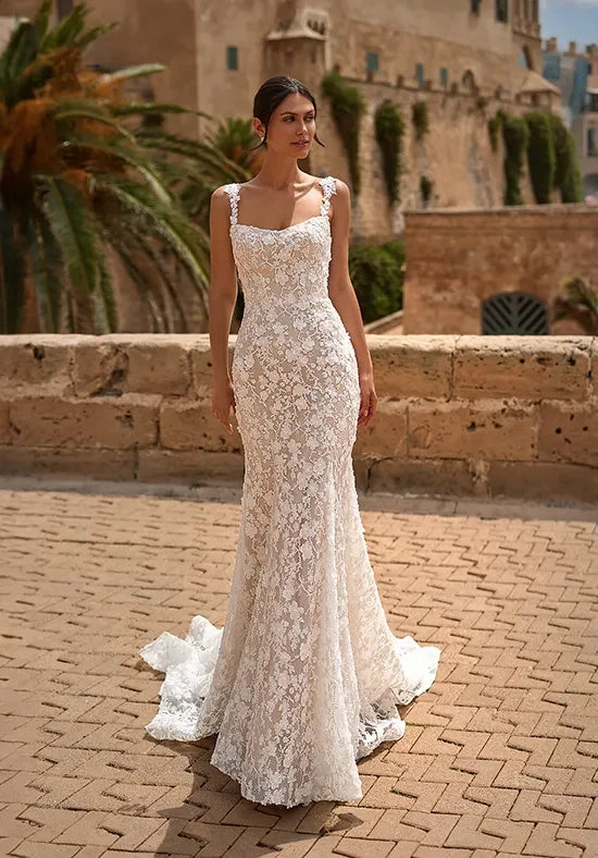 Elegant Mermaid Square Sleeveless Backless Floral Ivory Wedding Dresses Bridal Gown