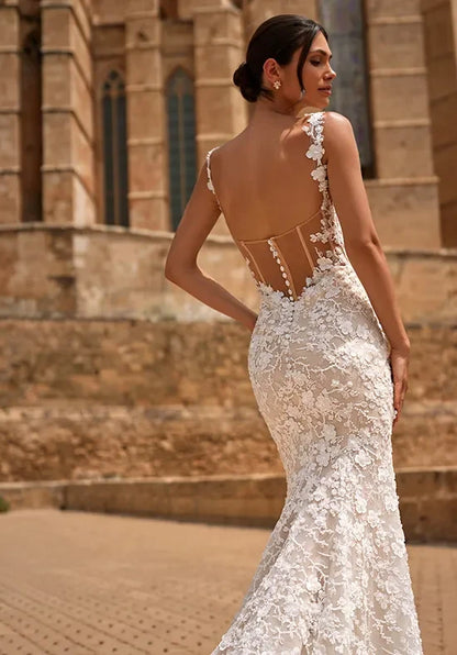 Elegant Mermaid Square Sleeveless Backless Floral Ivory Wedding Dresses Bridal Gown