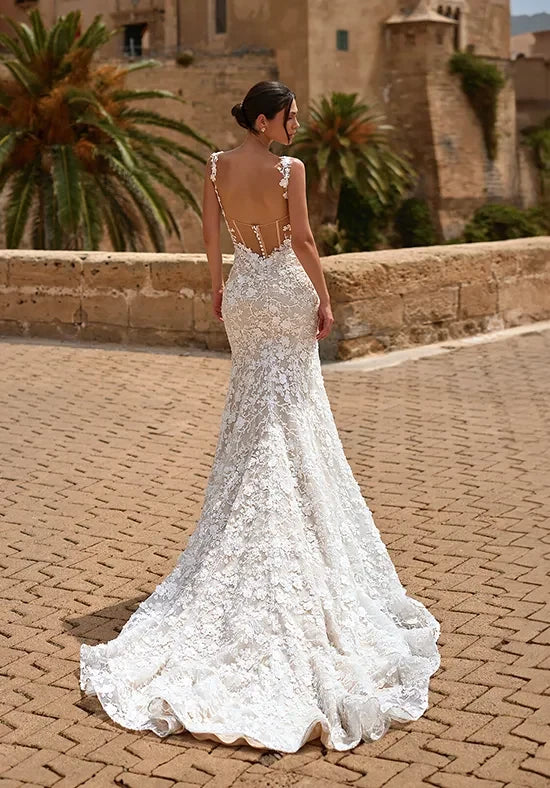 Elegant Mermaid Square Sleeveless Backless Floral Ivory Wedding Dresses Bridal Gown