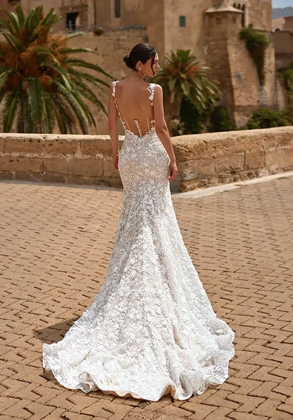 Elegant Mermaid Square Sleeveless Backless Floral Ivory Wedding Dresses Bridal Gown