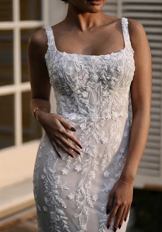 Elegant Mermaid Square Sleeveless Beaded Backless Ivory Long Wedding Dresses Bridal
