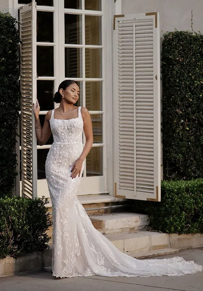 Elegant Mermaid Square Sleeveless Beaded Backless Ivory Long Wedding Dresses Bridal