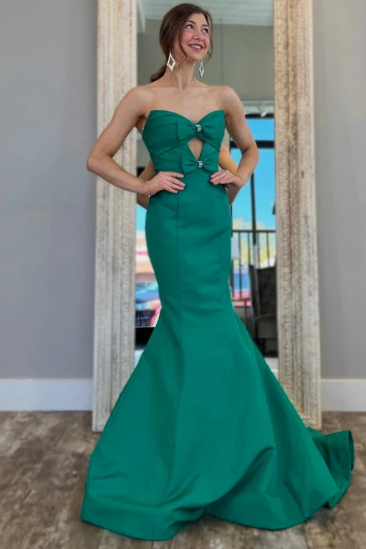 Elegant Mermaid Strapless Bow Embellished Emerald Green Floor-Length Prom Dress