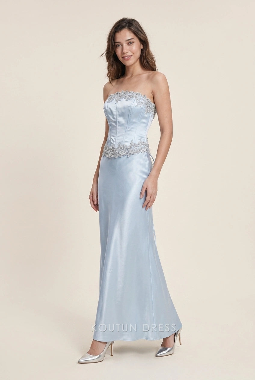 Elegant Mermaid Strapless Embellished Corset Light Blue Floor-Length Prom Dresses