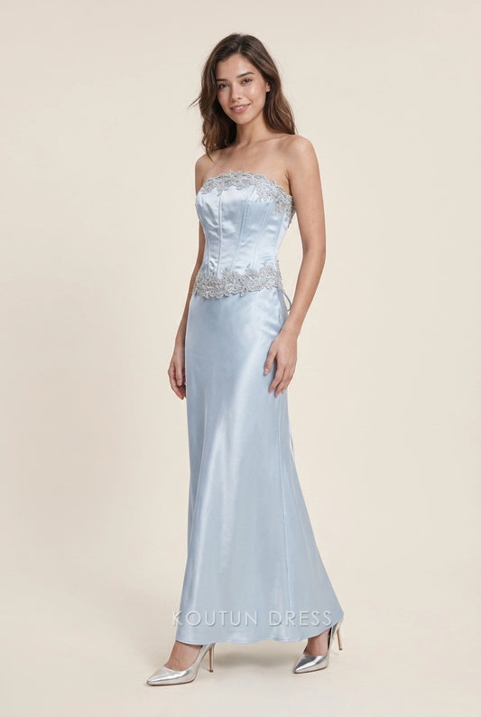 Elegant Mermaid Strapless Embellished Corset Light Blue Floor-Length Prom Dresses