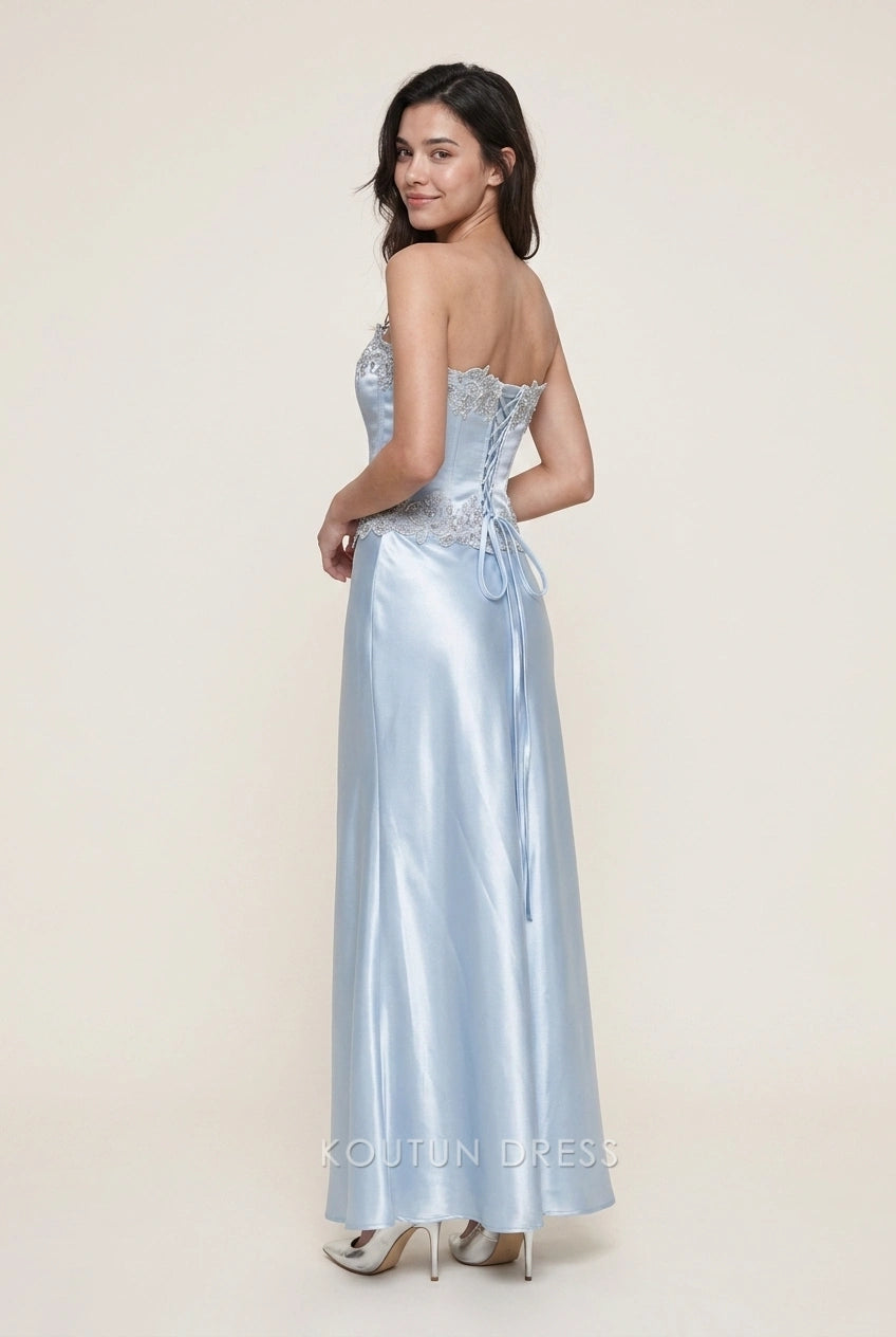Elegant Mermaid Strapless Embellished Corset Light Blue Floor-Length Prom Dresses