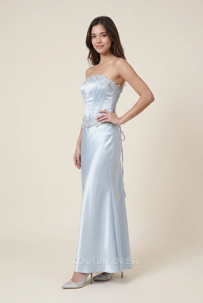 Elegant Mermaid Strapless Embellished Corset Light Blue Floor-Length Prom Dresses
