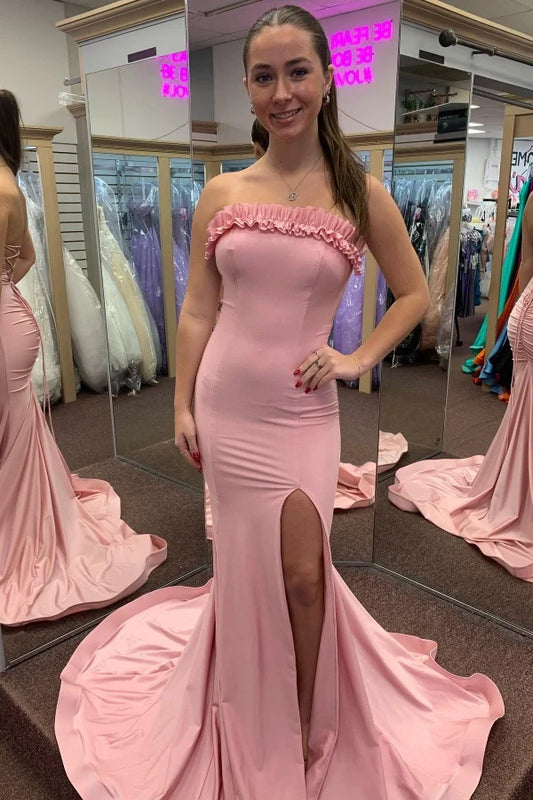 Elegant Mermaid Strapless High Slit Ruffled Pink Floor-Length Prom Dresses