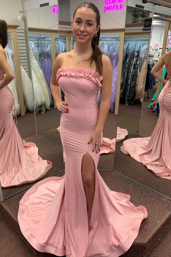 Elegant Mermaid Strapless High Slit Ruffled Pink Floor-Length Prom Dresses