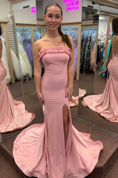 Elegant Mermaid Strapless High Slit Ruffled Pink Floor-Length Prom Dresses