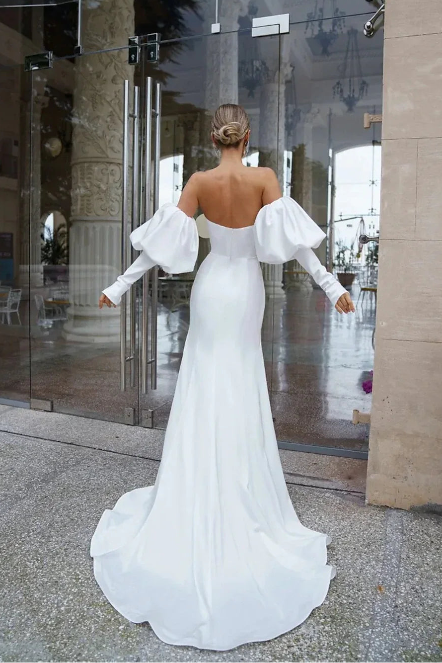 Elegant Mermaid Strapless Puff Sleeve White Floor-Length Bridal Wedding Gown