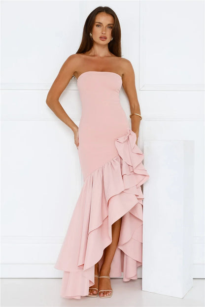 Elegant Mermaid Strapless Ruffled Asymmetrical Blush Pink Floor-Length Prom Dress