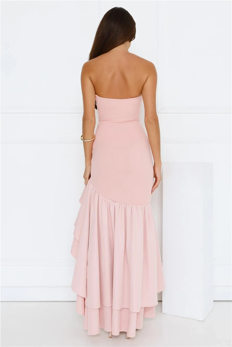 Elegant Mermaid Strapless Ruffled Asymmetrical Blush Pink Floor-Length Prom Dress