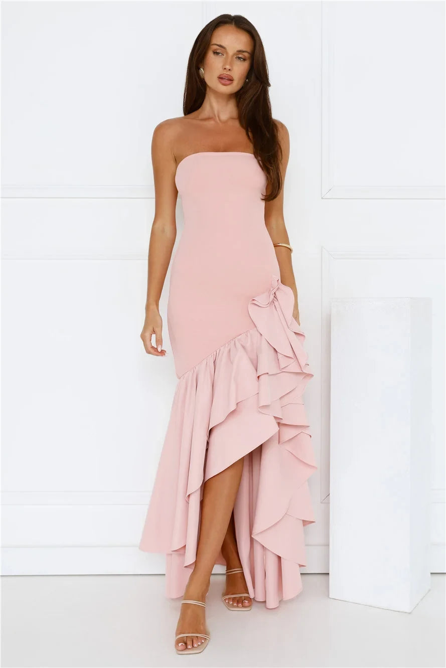 Elegant Mermaid Strapless Ruffled Asymmetrical Blush Pink Floor-Length Prom Dress