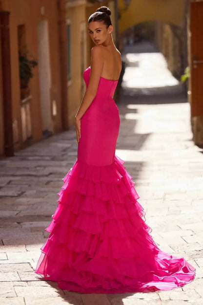Elegant Mermaid Strapless Ruffled High Slit Hot Pink Floor-Length Prom Gown