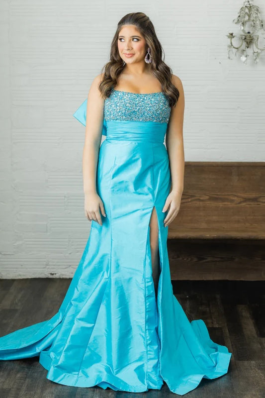 Elegant Mermaid Strapless Sequined Slit Teal Floor-Length Prom Dress