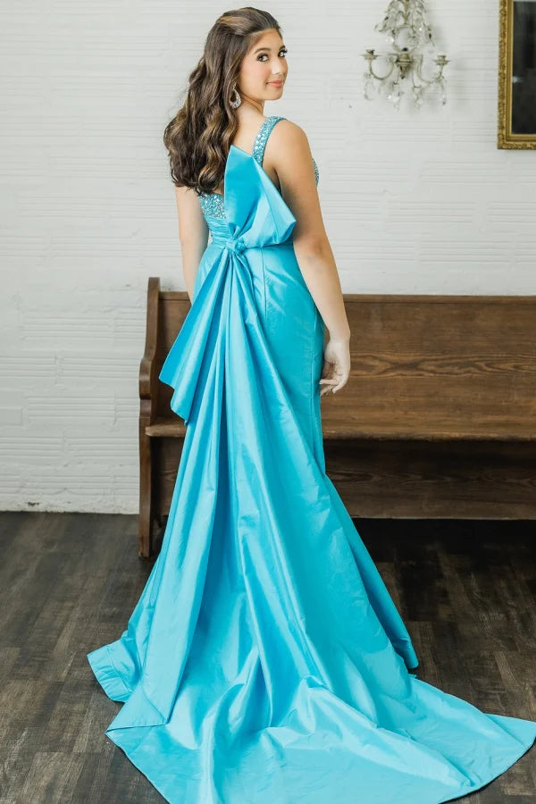 Elegant Mermaid Strapless Sequined Slit Teal Floor-Length Prom Dress