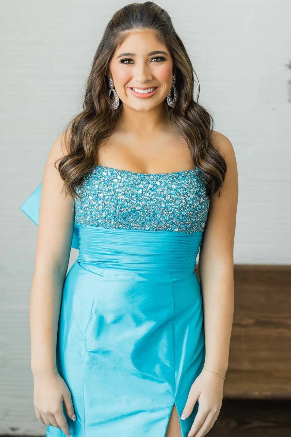 Elegant Mermaid Strapless Sequined Slit Teal Floor-Length Prom Dress