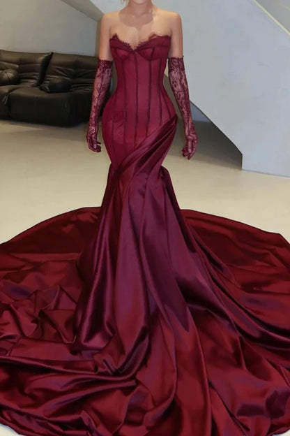 Elegant Mermaid Strapless Sleeveless Corset Draped Burgundy Long Prom Dresses Women
