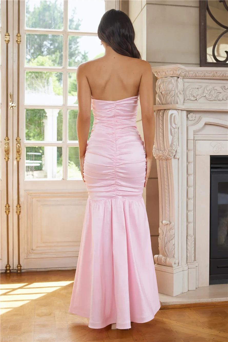 Elegant Mermaid Strapless Sleeveless Ruched Flowy Pink Floor-Length Prom Dresses Women's Gown