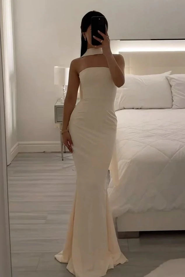 Elegant Mermaid Strapless Sleeveless Scarf Drape Ivory Maxi Prom Dresses Women