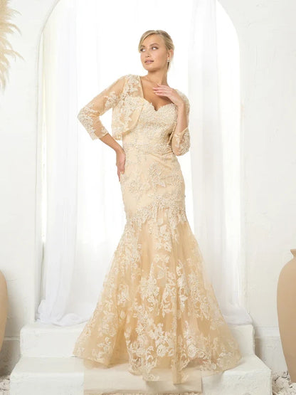 Elegant Mermaid Sweetheart Lace Applique Champagne Floor-Length Mother of the Bride Dress Gown