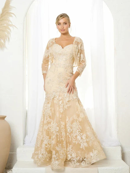 Elegant Mermaid Sweetheart Lace Applique Champagne Floor-Length Mother of the Bride Dress Gown