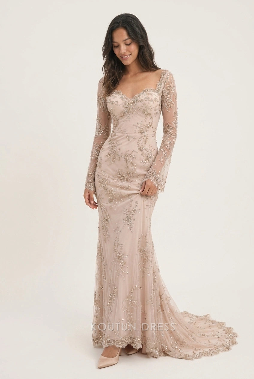 Elegant Mermaid Sweetheart Long Sleeve Beaded Embellished Champagne Floor-Length Prom Dresses