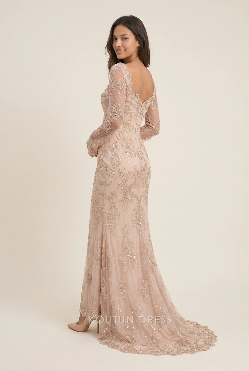 Elegant Mermaid Sweetheart Long Sleeve Beaded Embellished Champagne Floor-Length Prom Dresses