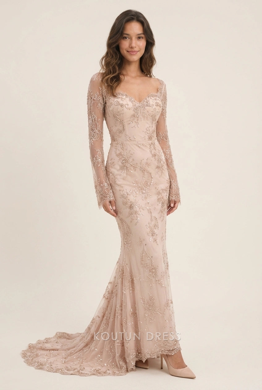 Elegant Mermaid Sweetheart Long Sleeve Beaded Embellished Champagne Floor-Length Prom Dresses