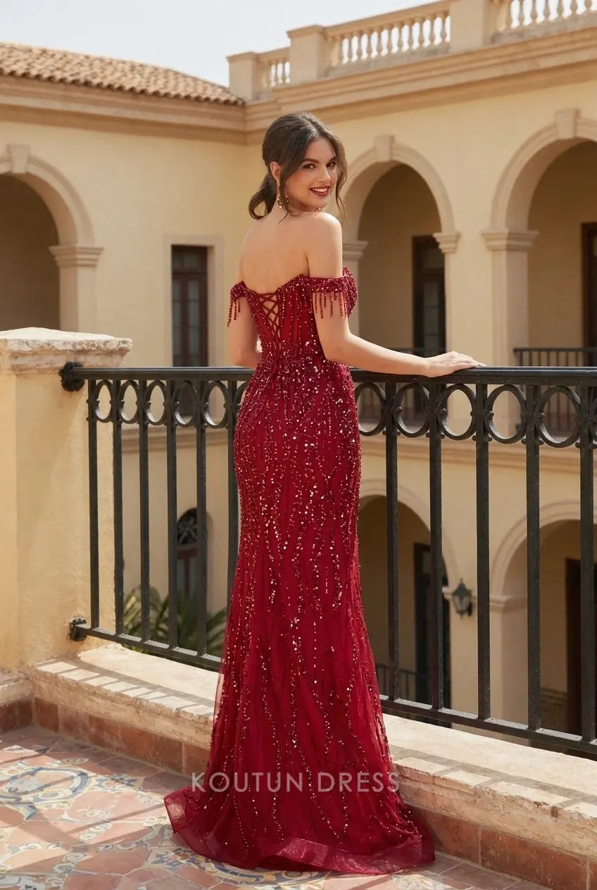 Elegant Mermaid Sweetheart Off-Shoulder Beaded Slit Burgundy Floor-Length Prom Gown