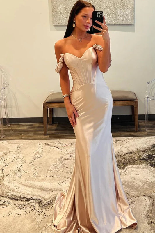 Elegant Mermaid Sweetheart Off-Shoulder Corset Floral Blush Floor-Length Prom Dresses