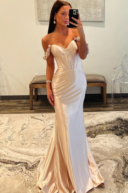 Elegant Mermaid Sweetheart Off-Shoulder Corset Floral Blush Floor-Length Prom Dresses