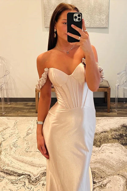Elegant Mermaid Sweetheart Off-Shoulder Corset Floral Blush Floor-Length Prom Dresses