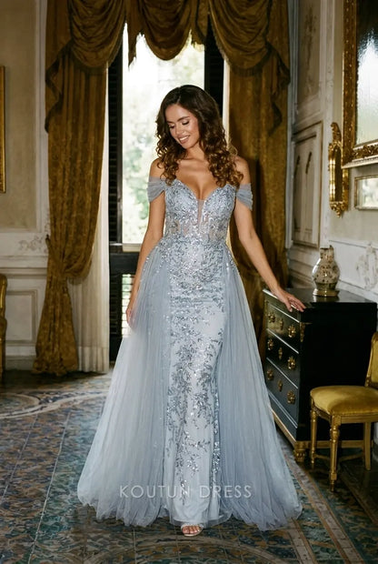 Elegant Mermaid Sweetheart Off-Shoulder Sequin Glamorous Dusty Blue Long Prom Gown