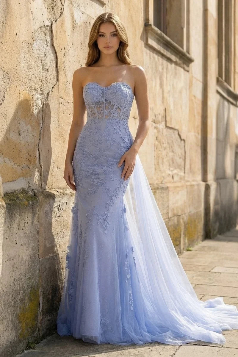 Elegant Mermaid Sweetheart Sleeveless Applique Periwinkle Blue Floor-Length Evening Gown
