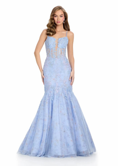 Elegant Mermaid Sweetheart Sleeveless Floral Embellished Light Blue Floor-Length Evening Gown
