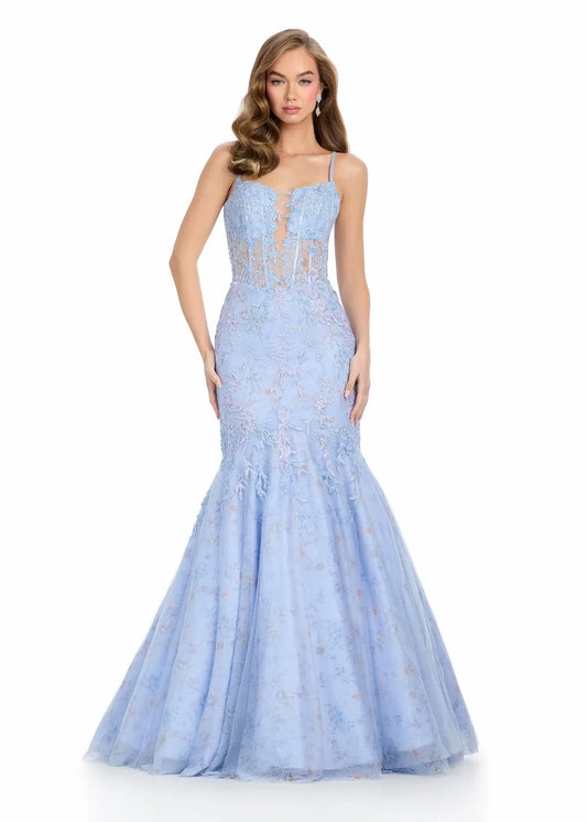 Elegant Mermaid Sweetheart Sleeveless Floral Embellished Light Blue Floor-Length Evening Gown