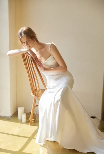 Elegant Mermaid Sweetheart Sleeveless Pearl Backless Ivory Floor-Length Wedding Dresses Bridal Gown