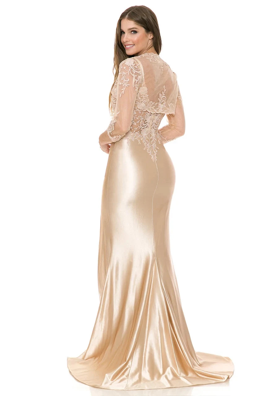 Elegant Mermaid V-Neck 3/4 Sleeve Beaded Champagne Mother of the Bride Gown
