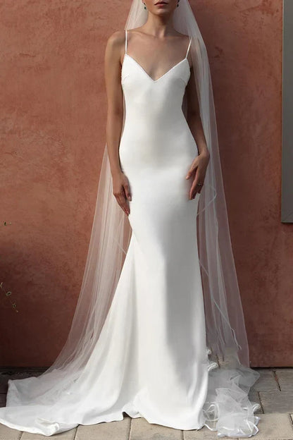 Elegant Mermaid V-Neck Backless Ivory Floor-Length Wedding Dresses Bridal Gown