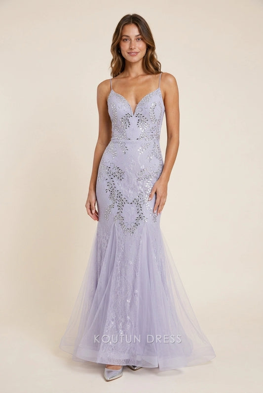 Elegant Mermaid V-Neck Beaded Lace Open Back Lavender Floor-Length Prom Dresses