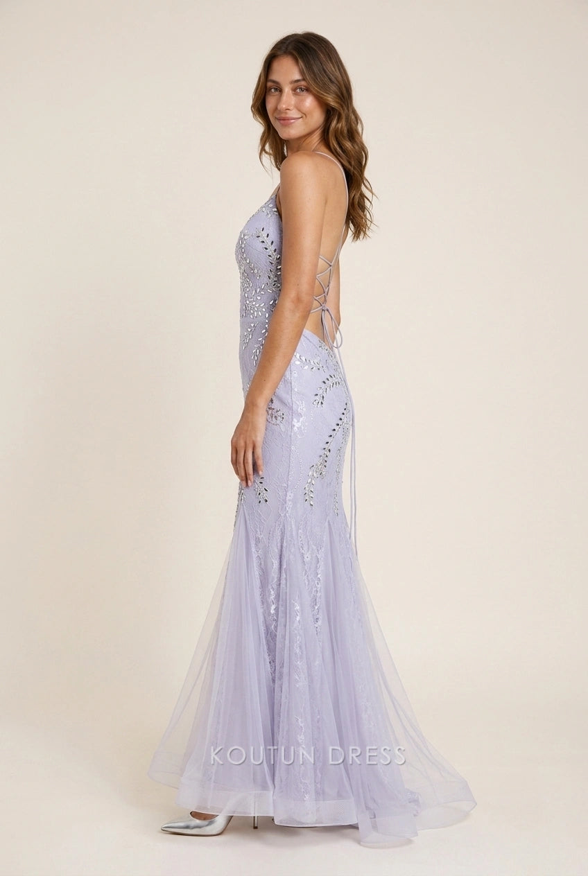 Elegant Mermaid V-Neck Beaded Lace Open Back Lavender Floor-Length Prom Dresses