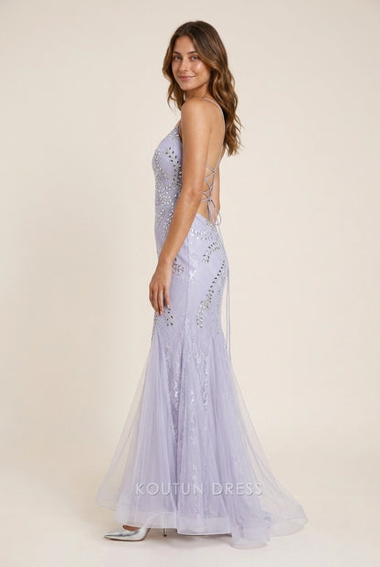 Elegant Mermaid V-Neck Beaded Lace Open Back Lavender Floor-Length Prom Dresses