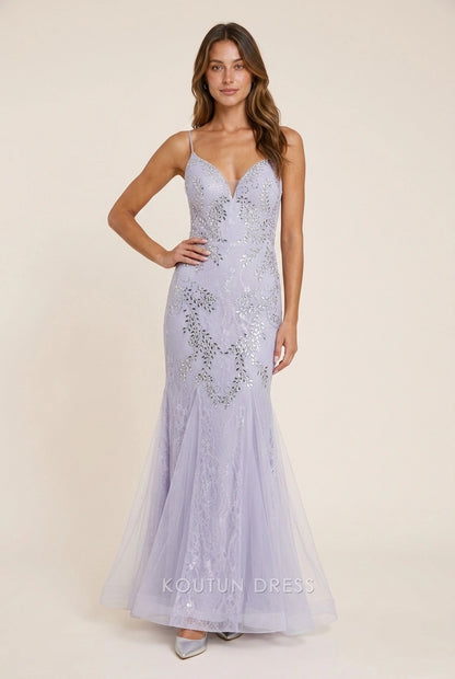 Elegant Mermaid V-Neck Beaded Lace Open Back Lavender Floor-Length Prom Dresses
