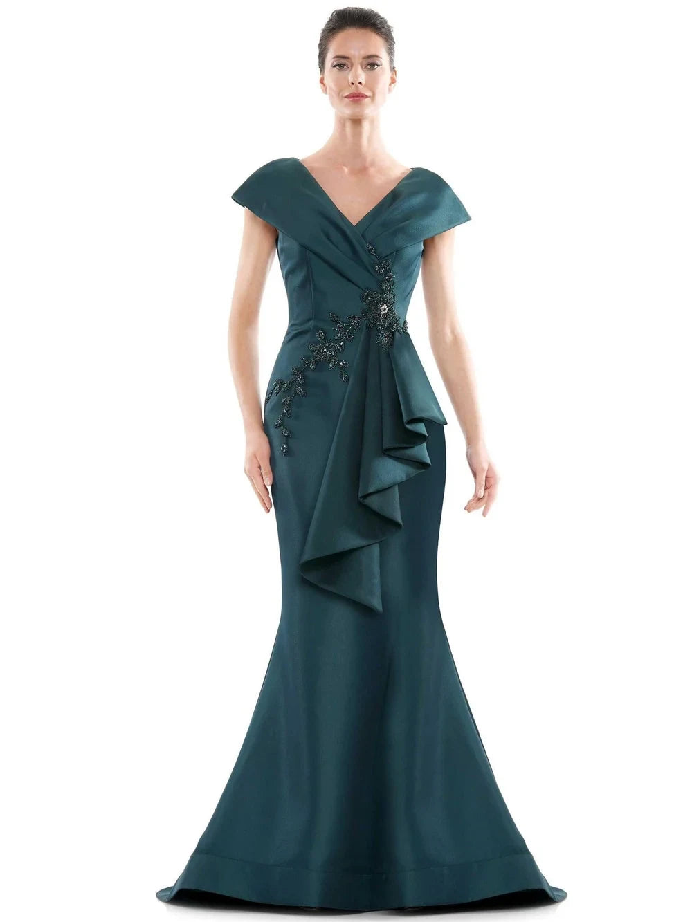 Elegant Mermaid V-Neck Cap Sleeve Beaded Teal Mother of the Bride Gown