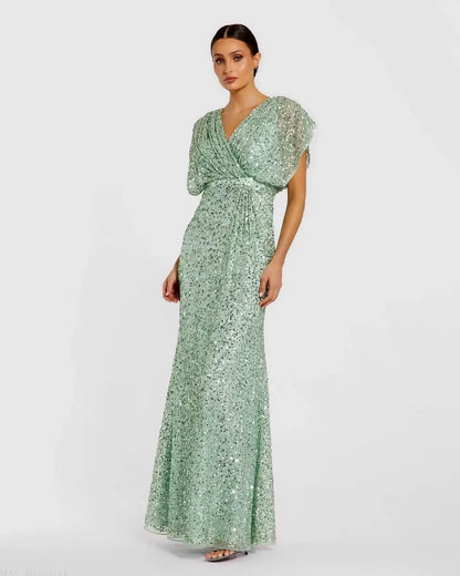 Elegant Mermaid V-Neck Dolman Sleeve Sequin Blouson Mint Green Maxi Prom Dress Gown
